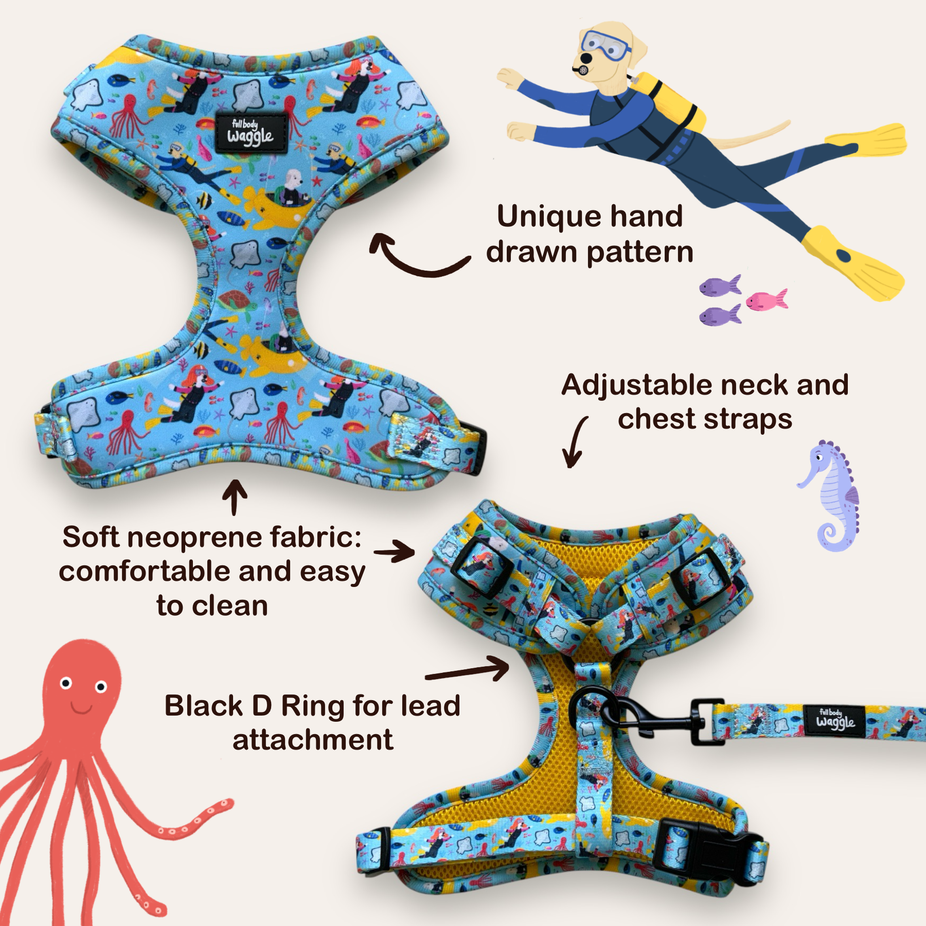 Dogs Under the Sea - Adjustable harness and lead