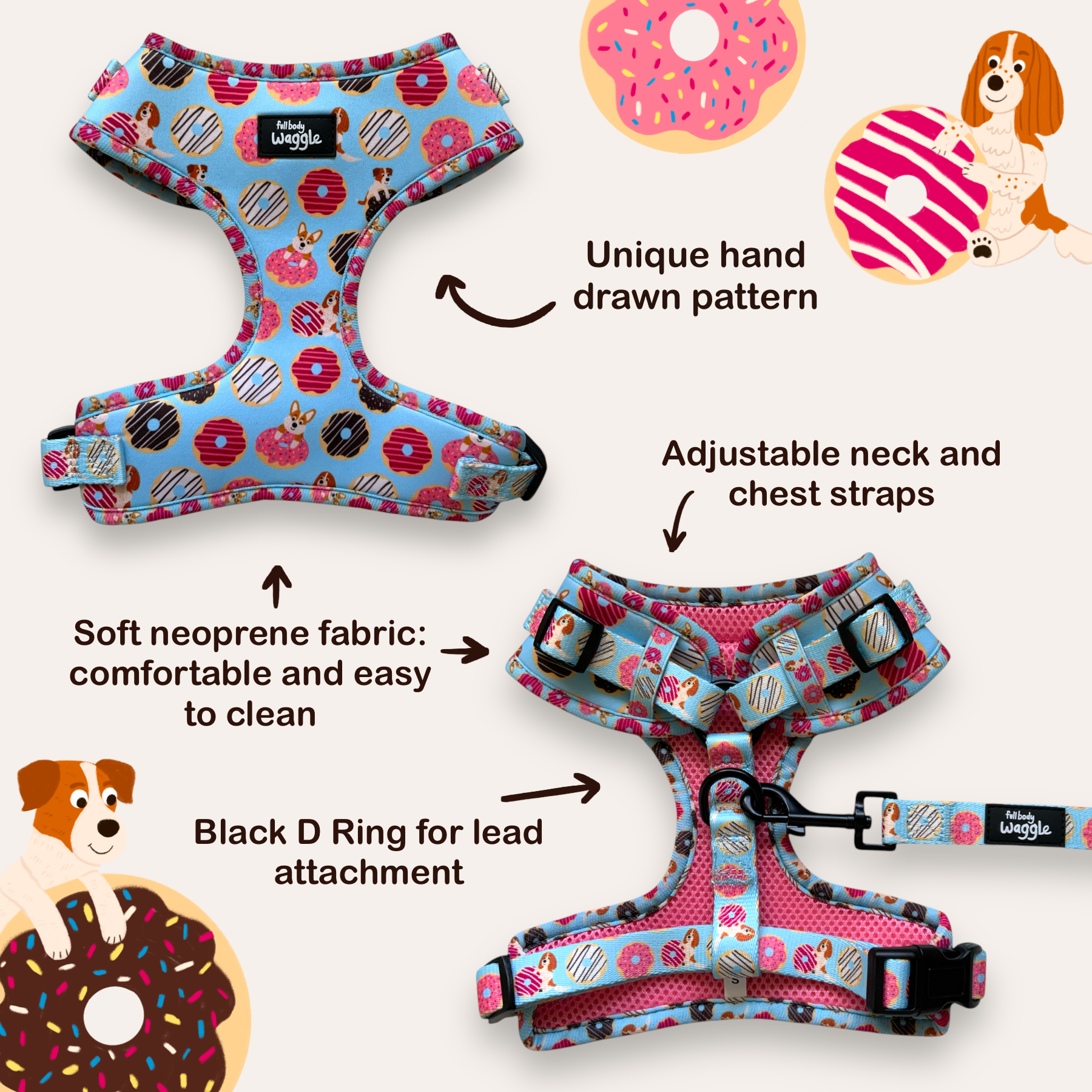 Doughnut Pups - Adjustable harness and lead